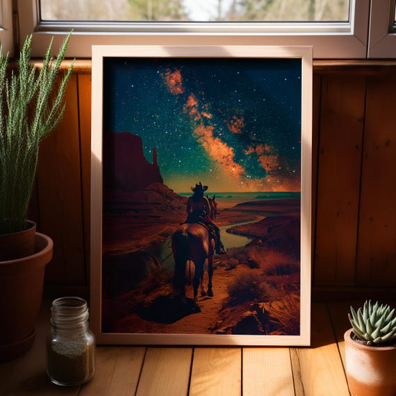 Horse Riding Cowgirl Wall Art Poster or Canvas Print, Surreal Art Print, Retro Cowgirl Western Art Print, Vintage Starry Sky Cowgirl Print