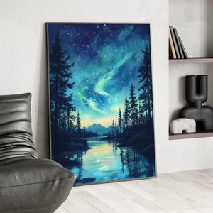 Aurora Lights Ethereal Starry Night Sky Wall Art Poster or Canvas Print, Mountains and Illuminated Forest Magical Celestial Nature Scene Art