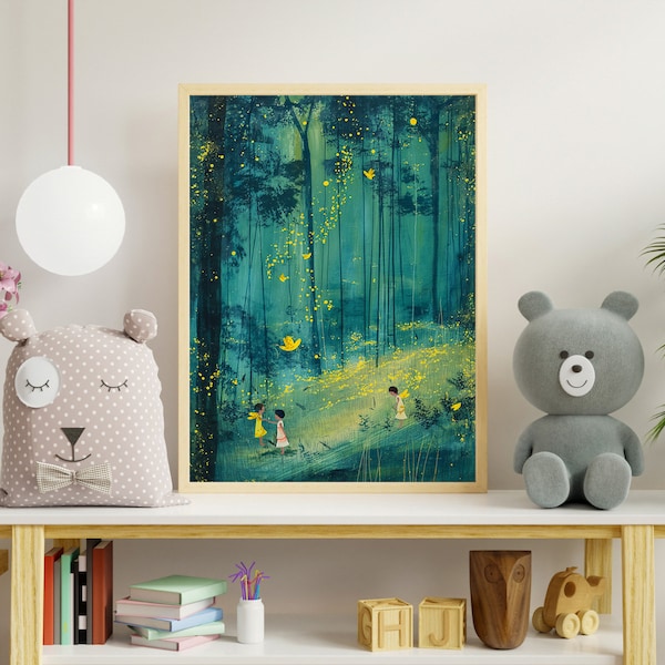 Kids in the Forest Firefly Night Art Print, Woodland Boys Girls Nursery Room Wall Decor, Vintage Woodland Lightning Bug Firefly Painting