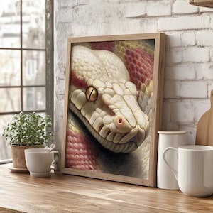 Albino Burmese Python Head Close-Up Wall Art Poster or Canvas Print, Detailed Linework Snake Portrait, Red and Gold Reptile Illustration