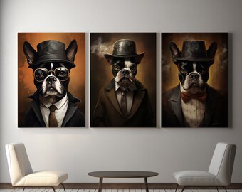 Vintage and Rustic Boston Terrier Mafia Boss Wall Art Set , Cool and Classy Realistic Terrier Poster Set , Realistic Gangster Dog Poster Set