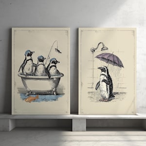 Funny Penguins Bathroom Wall Art Set of 2 Poster or Canvas Print, Cute Animal Print, Vintage Style Drawing, Kids Quirky Bathroom Wall Art