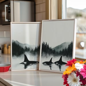 Orca Whale Diptych Art Print Set of 2 Poster or Canvas, Black and White Whale Coastal Wall Art, Whale Tail Print, Killer Whale Home Decor