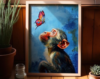 Colorful Curious Monkey and Butterfly Oil Painting Poster or Canvas, Vibrant Blue Art Whimsical Nature Wall Art, Animal Lover Wall Decor