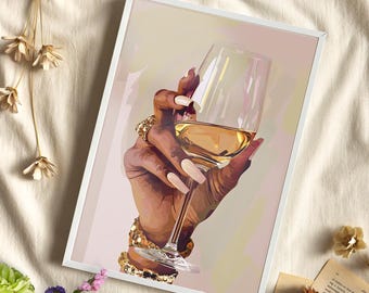 Black Woman with Wine Glass Wall Art Poster or Canvas Print, Woman and Wine Poster, Feminist Fashion Wall Art, Cocktail Print Bar Cart Decor
