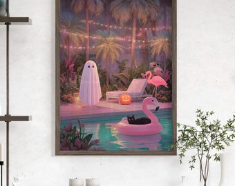 Summerween Pool Party Poster or Canvas Print, Ghost and Black Cat Wall Art, Spooky Cute Whimsigoth Decor Funny Halloween Tropical Goth Print