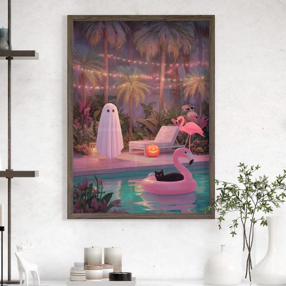 Summerween Pool Party Poster or Canvas Print, Ghost and Black Cat Wall Art, Spooky Cute Whimsigoth Decor Funny Halloween Tropical Goth Print