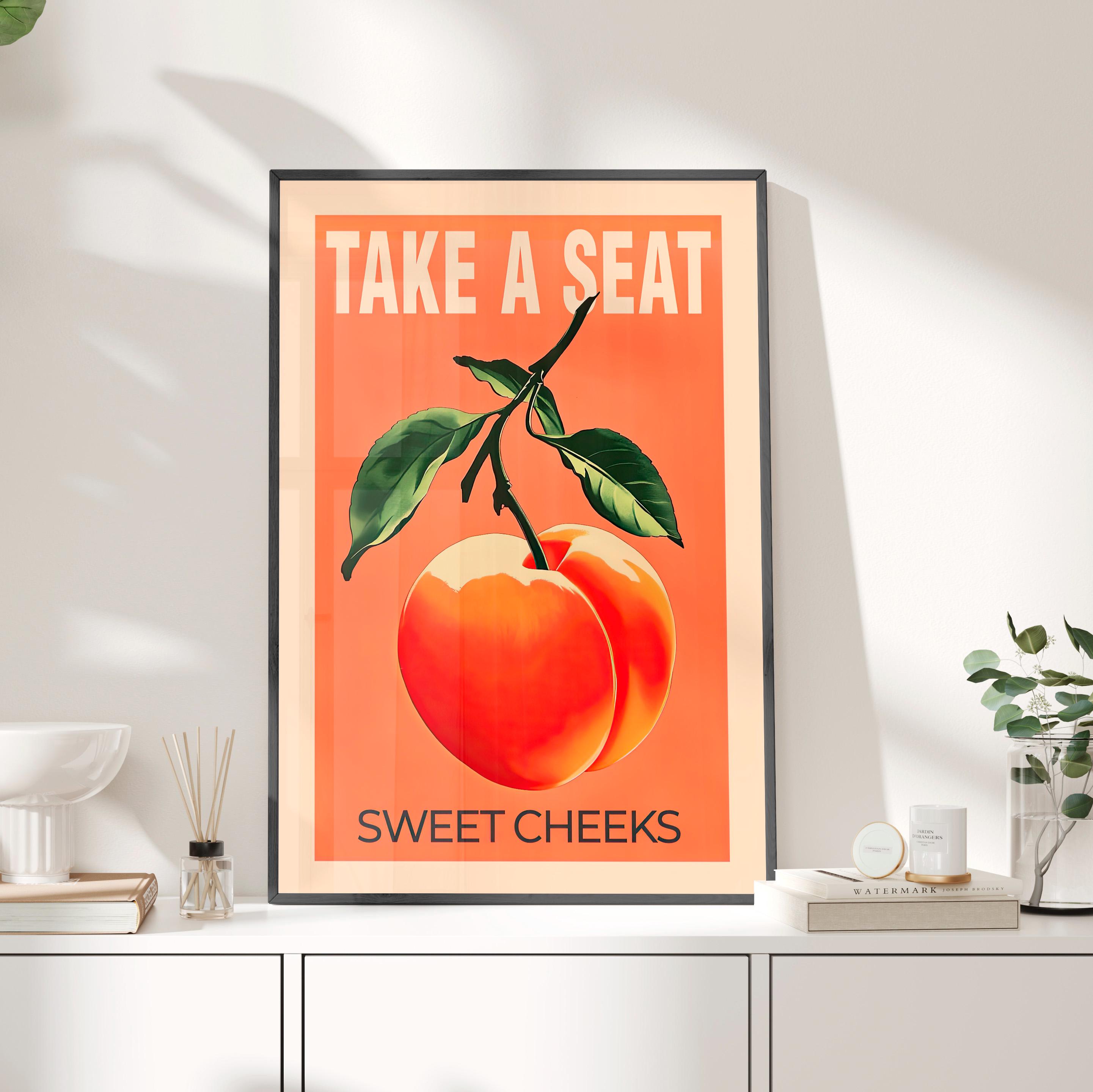 Take a Seat Sweet Cheeks Funny Retro Typography Wall Art Poster or Canvas Print, Funny Peach Art Print, Funny Bathroom Decor, Nice Bum Art