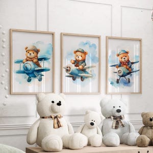 Watercolor Teddy Bear Riding In An Airplane Wall Art Set Of 3 or Canvas, Whimsical Brown Bear Poster, Baby Bear Print, Trendy Playroom Decor