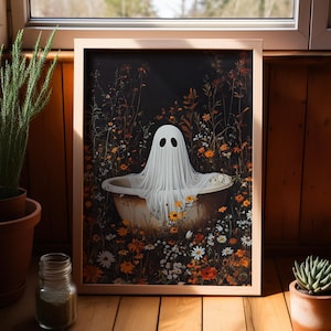 May include: A white ghost with two black eyes sits in a vintage bathtub surrounded by a field of orange, yellow, and white flowers. The bathtub is rusty and has a dark background.