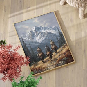 Three Cowboys on Horseback Rustic Wall Art Poster or Canvas Print, Vintage Western Wall Print, Mountain Landscape Cowboy Country Painting
