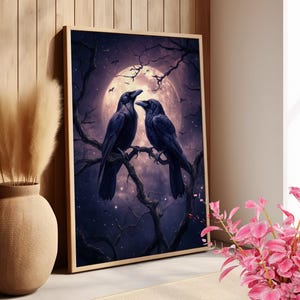 May include: Two black ravens perched on branches with a full moon in the background. The ravens are facing each other and appear to be interacting. The scene is set against a dark purple sky with stars.