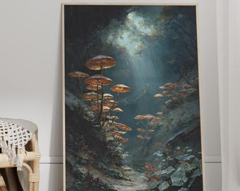 Enchanted Forest Mushroom Art Poster or Canvas Print, Mystical Fairycore Woodland Scene, Fungi Lover Gift, Whimsical Fantasy Nature Wall Art