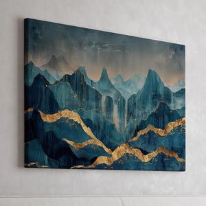 Gold and Blue Mountains Art Print or Canvas, Golden Waterfalls Nature Landscape Modern Home Decor, Elegant Abstract Mountains Poster Print
