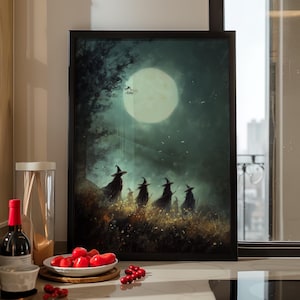 Moonlit Witches Coven in a Misty Field Impressionism Painting Poster or Canvas Print, Witchy Halloween Art, Mystical Art Goblincore Decor