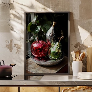 Silver Banana Red Apple Green Pear In a Silver Fruit Tray Disco Ball Mirror Art Poster or Canvas Print, Disco Fruit Art, Preppy Trendy Art
