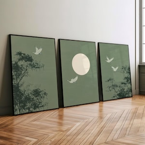 Japanese Birds Sun Sage Green Set of 3 Wall Art Poster or Canvas Print, White Sun Minimalist Abstract Home Decor, Neutral Japandi Wall Art