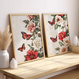 Vintage Flowers and Butterflies 2 Piece Set Wall Art Poster or Canvas Print, Minimalist Botanical Art Print, Floral Cottagecore Home Decor