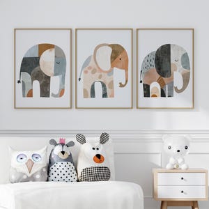 Abstract Boho Elephant Nursery 3-Piece Set Poster Wall Art Print or Canvas, Neutral Mosaic Elephant, Minimalist Boho Home Decor Baby Room