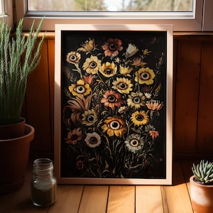 Vintage Flowers with Eyes Whimsigoth Oil Painting Poster or Canvas Print, Gothic Botanical Art, Dark Cottagecore, Dark Academia Home Decor