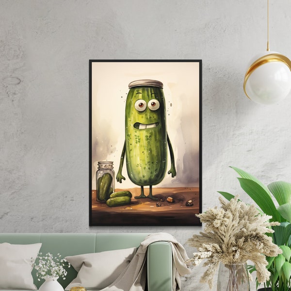 Whimsical Funny Pickle Watercolor Style Painting, Kosher Pickle Wall Art, Calming Color Wall Decor, Funny Pickle in a Jar with Silly Face