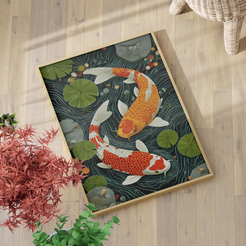 Yin Yang Koi Fish Japanese Wall Art Poster or Canvas Print, Zen Japandi ...