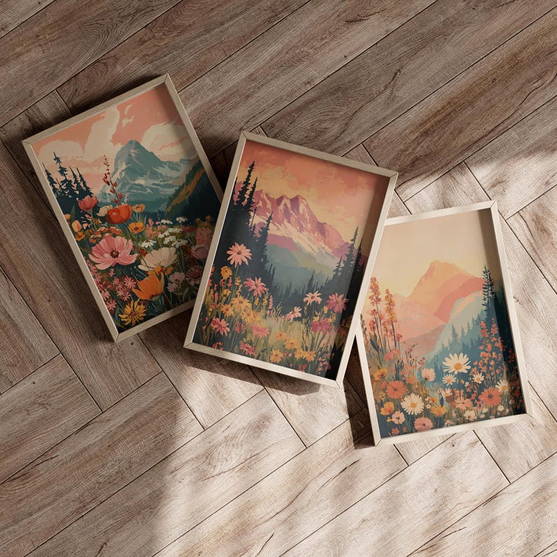 Set of 3 Boho Wildflower Mountain Sunset Wall Art Poster or Canvas ...