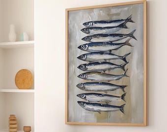 Minamistic  Sardine Fish Art Print or Canvas, Seafood Sardine Oil Painting Style, Fish Food French Kitchen Wall Decor Oil Painting Poster