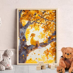 Yellow Girl on Oak Tree Branch Autumn Watercolor Style Painting Poster or Canvas, Sunlight Girl on a Tree Childhood Adventure Fall Wall Art