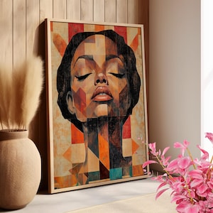 Abstract Geometric Black Woman Portrait Poster or Canvas Print, Mosaic Style Woman Face Wall Art, Female Portrait, Rustic Modern Home Decor
