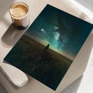 Galaxy Starry Night Sky With Little Girl In The Grassland Moodie Art Poster or Canvas Print, Milky Way Celestial Art Dark Moody Wall Decor