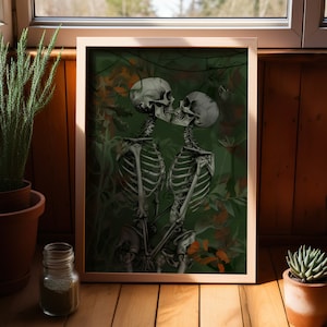 Skeleton Lovers Kissing Skeletons Poster oder Leinwanddruck, wie echte Menschen es tun, Whimsigoth Art, romantisches Skelettpaar, gotische Hochzeitsdeko