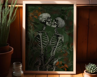 Pôster ou tela impressa com esqueletos apaixonados se beijando, como pessoas reais fazem, arte gótica extravagante, decoração romântica de casamento gótico com casal de esqueletos.