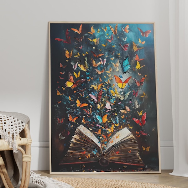 Vintage Open Book with Colorful Butterflies Oil Painting Poster or Canvas Print, Fairycore Library Wall Art, Magical Book Whimsical Print