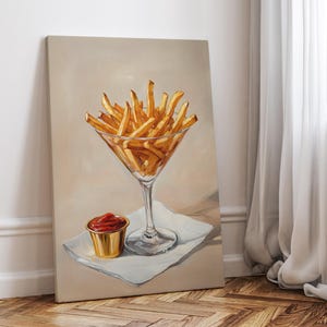 French Fries in Martini Glass Oil Painting Poster or Canvas Print, Minimalist Food Paintings, Girl Dinner Art, Food Still Life Kitchen Decor