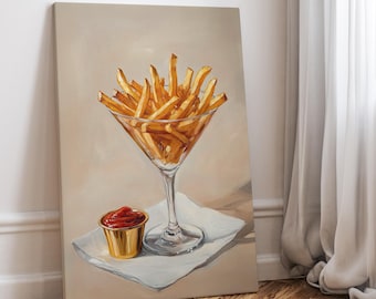 French Fries in Martini Glass Oil Painting Poster or Canvas Print, Minimalist Food Paintings, Girl Dinner Art, Food Still Life Kitchen Decor