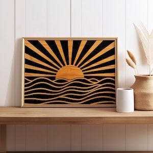 Golden Sun Rise Over The Horizon houten stijl kunstafdruk poster of canvas, poster zonsondergang zonneschijn, midden van de eeuw modern, Boho Sun kunst aan de muur