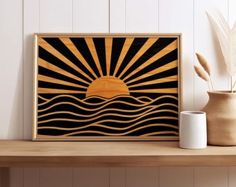 Golden Sun Rise Over The Horizon Wooden Style Art Print Poster or Canvas, Sunset Sunshine Poster, Mid-Century Modern, Boho Sun Wall Art