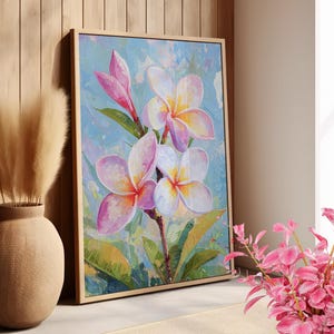 White Pink Tip Plumeria Flowers Oil Painting Poster or Canvas, Elegant Nature Art Print, Hawaiian Flower Gift for Her Art Floral Home Decor