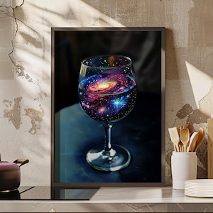 Watercolor Galaxy in a Wine Glass Print Poster or Canvas, Cocktail Art Print, Galaxy Wine Glass Wall Art, Celestial Drink Glass Kitchen Art
