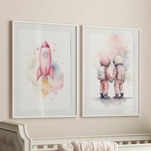 Pink Nursery Decor Space Twin Girls & Rocket Outer Space Set Of 2 Poster or Canvas, Nursery Wall Art, Watercolor Astronaut Space Print