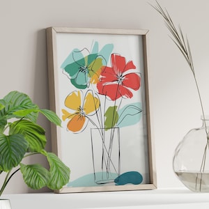 Minimalist Colorful Flower Arrangement in Vase Poster or Canvas Print, Fauvism Style Art, Henri Matisse Inspired Modern Botanical Wall Art