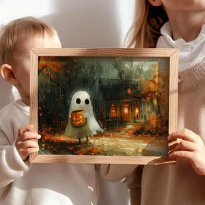 Cute Ghost in the Rain Holding Pumpkin Bucket Halloween Wall Art Poster or Canvas Print, Spooky Art Print, Halloweencore Whimsigoth Print