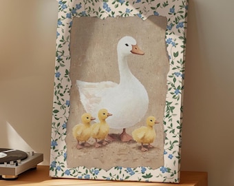 Vintage White Mother Duck Painting Poster or Canvas Print, Cottagecore Decor Nursery Art, Whimsy Farm Animals Home Decor, Floral Duck Print