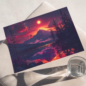 Purple Mount Hood Under The Full Moon Sunset Lake Forest Wall Art Poster or Canvas Print, Starry Night Sky Art Print, Mountain Scenic Art