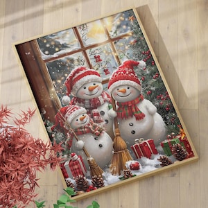 Festive Snowman Family Christmas Decor Poster or Canvas Print, Cozy Winter Art Print, Whimsical Winter Holiday Decor Snowy Christmas Print