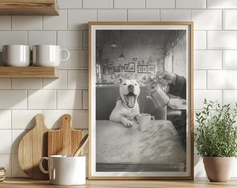Coffee for Dogs Vintage Poster or Canvas Print, Black and White Photography Funny Kitchen Wall Art, Retro Dog Coffee Shop Dining Room Decor