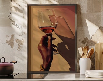 Luxurious Stylish Black Woman Holding Red Wine Wall Art or Canvas, Sophisticated Bohol Alcohol Glass & Beautiful African American Art Print