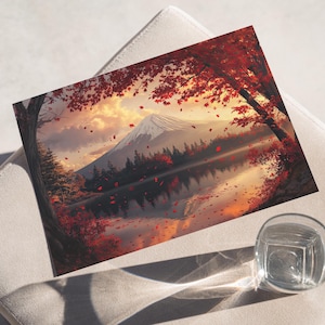Mount Fuji Sunrise with Falling Red Maple Leaves Japan Art Poster or Canvas Print, Peaceful Nature Wall Art, Warm Autumn Japanese Art Print