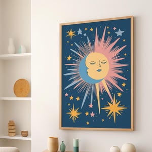 Celestial Sun and Moon Boho Minimalist Art Poster or Canvas Print, Henri Matisse Inspired Cut-out Art Kids Room Decor, Starry Night Poster